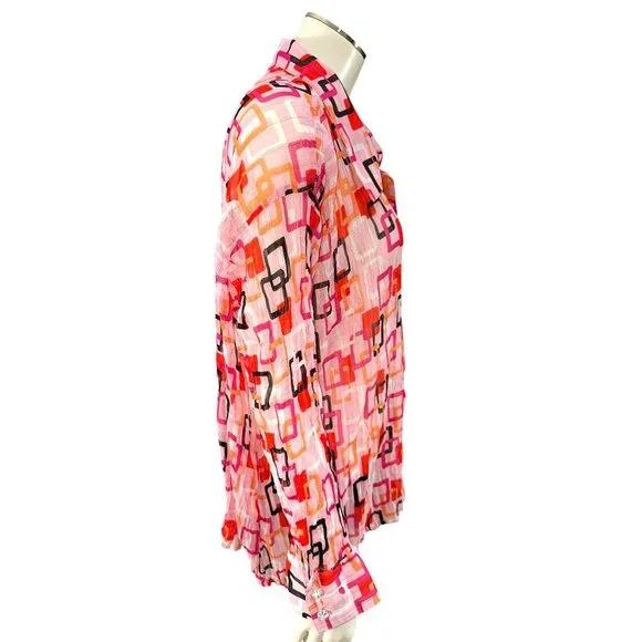 Essentials By Milano XL Pink Geometric Button Up Blouse Retro Cityworkcore - Picture 5 of 11